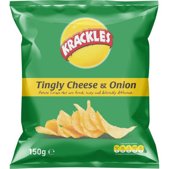 KRACKLES POTATO CRISPS TINGLY CHEESE & ONION 12X125G - Bulkbox Wholesale